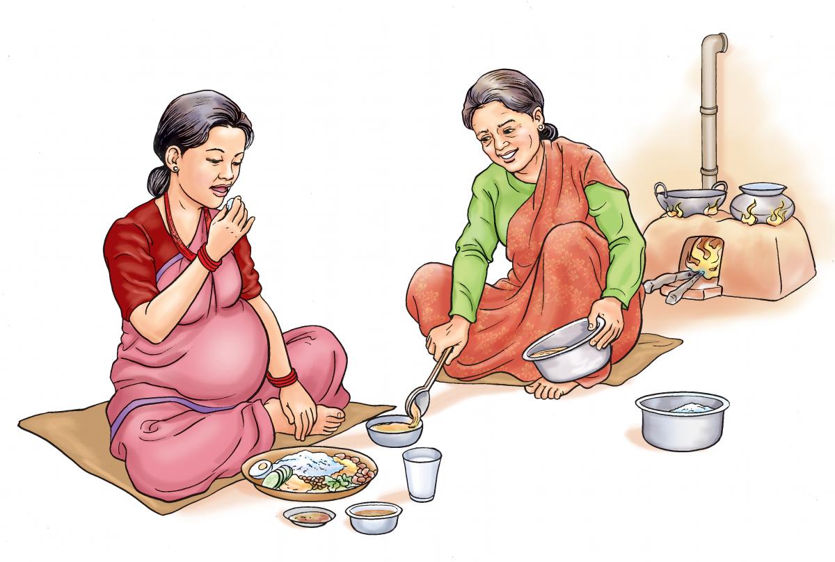 Maternal Nutrition - Family supports pregnant woman eating a healthy meal - 01A - Nepal Maternal Nutrition - Family supports pregnant woman eating a healthy meal - 01A - Nepal