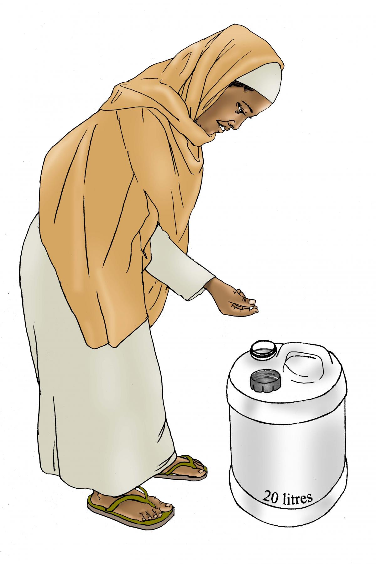 Sanitation - Woman chlorinating water - 05 - Kenya Dadaab