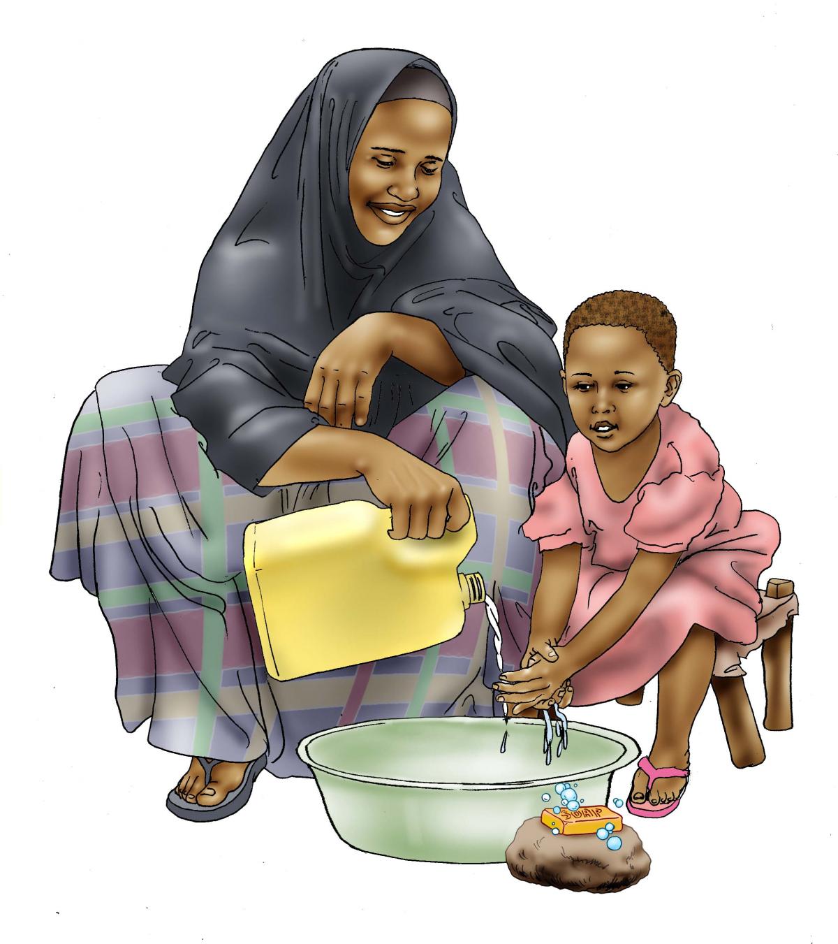 Sanitation - Mother teaches child to wash hands - 01 - Kenya Dadaab