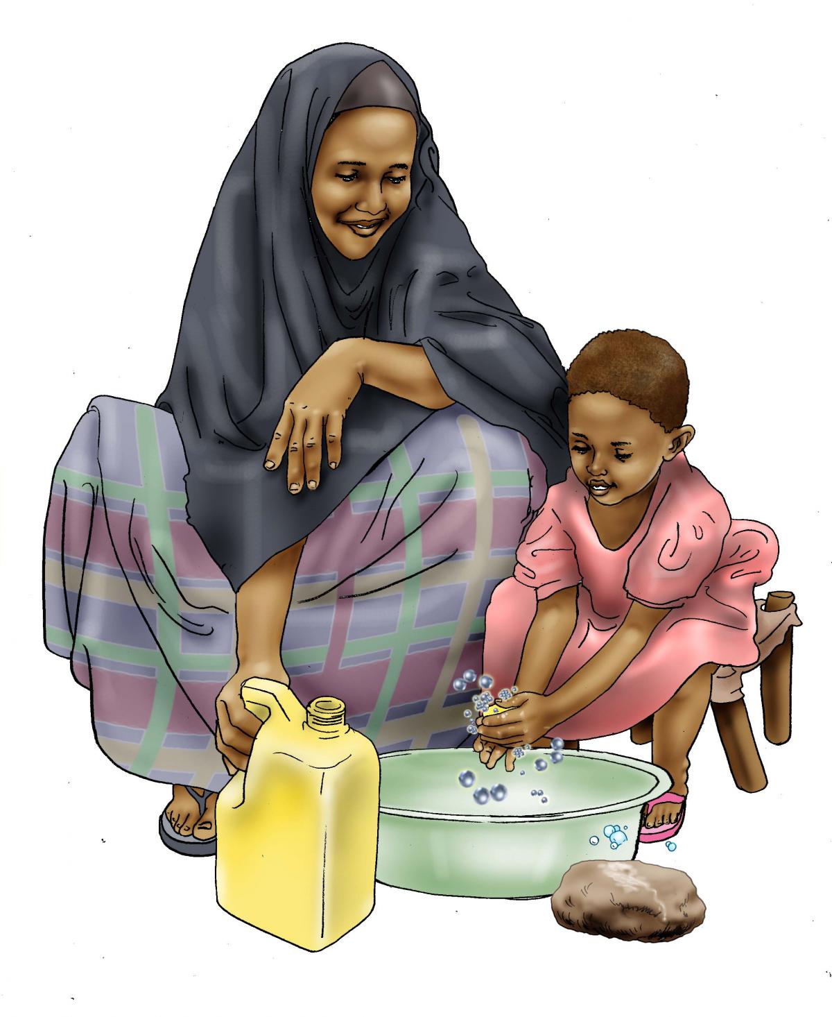 Sanitation - Mother teaches child to wash hands - 02 - Kenya Dadaab
