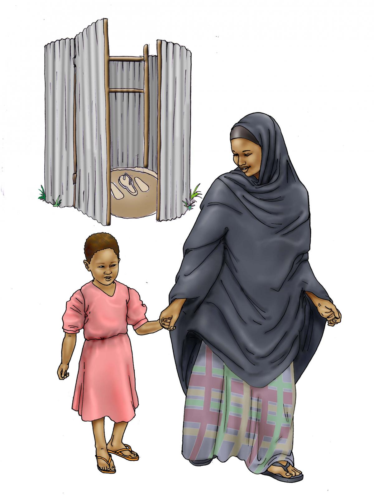 Sanitation - Mother and daughter leaving latrine - 03 - Kenya Dadaab