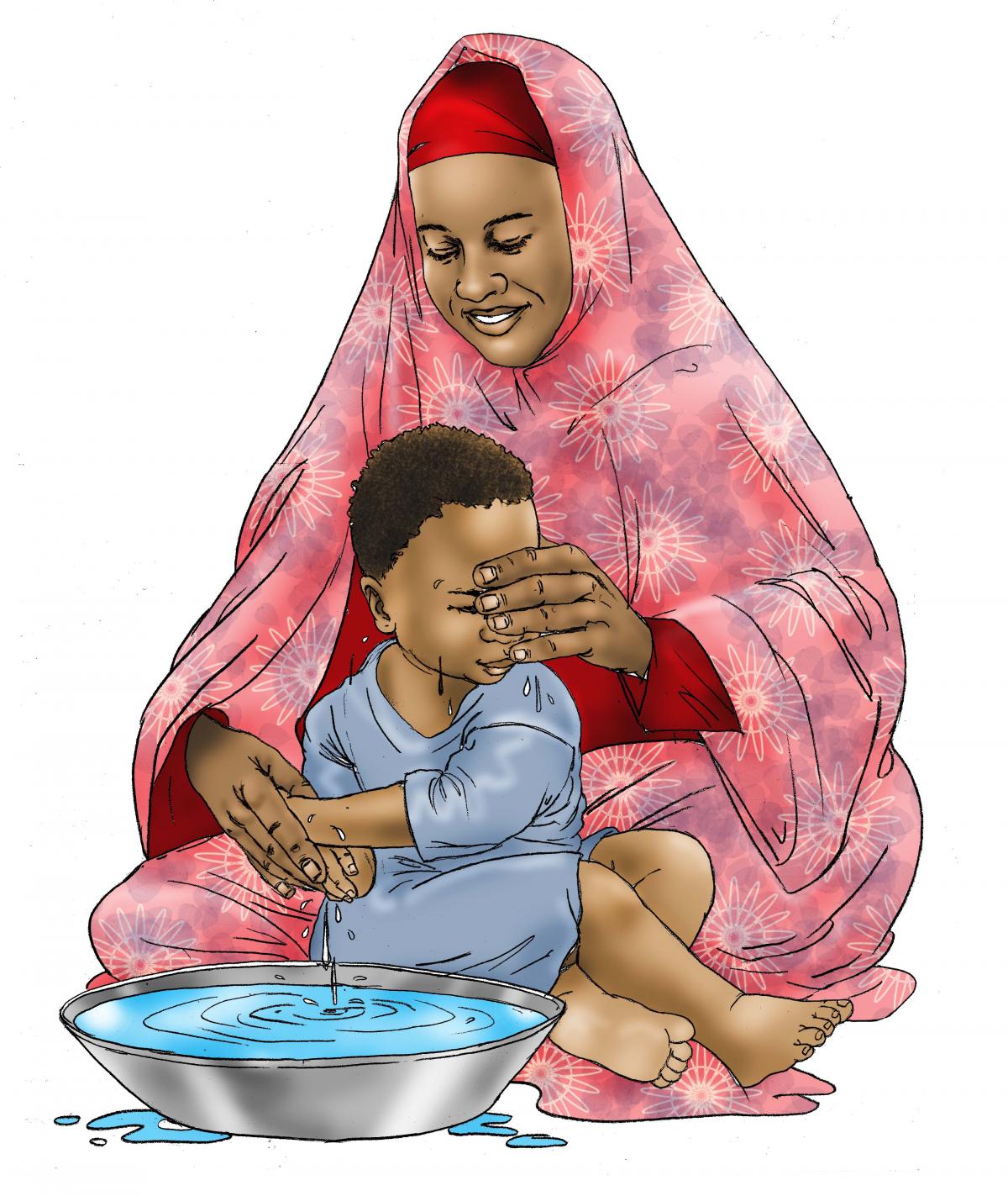 Hygiene - Mother teaches child to wash hands - 00 - Kenya Dadaab