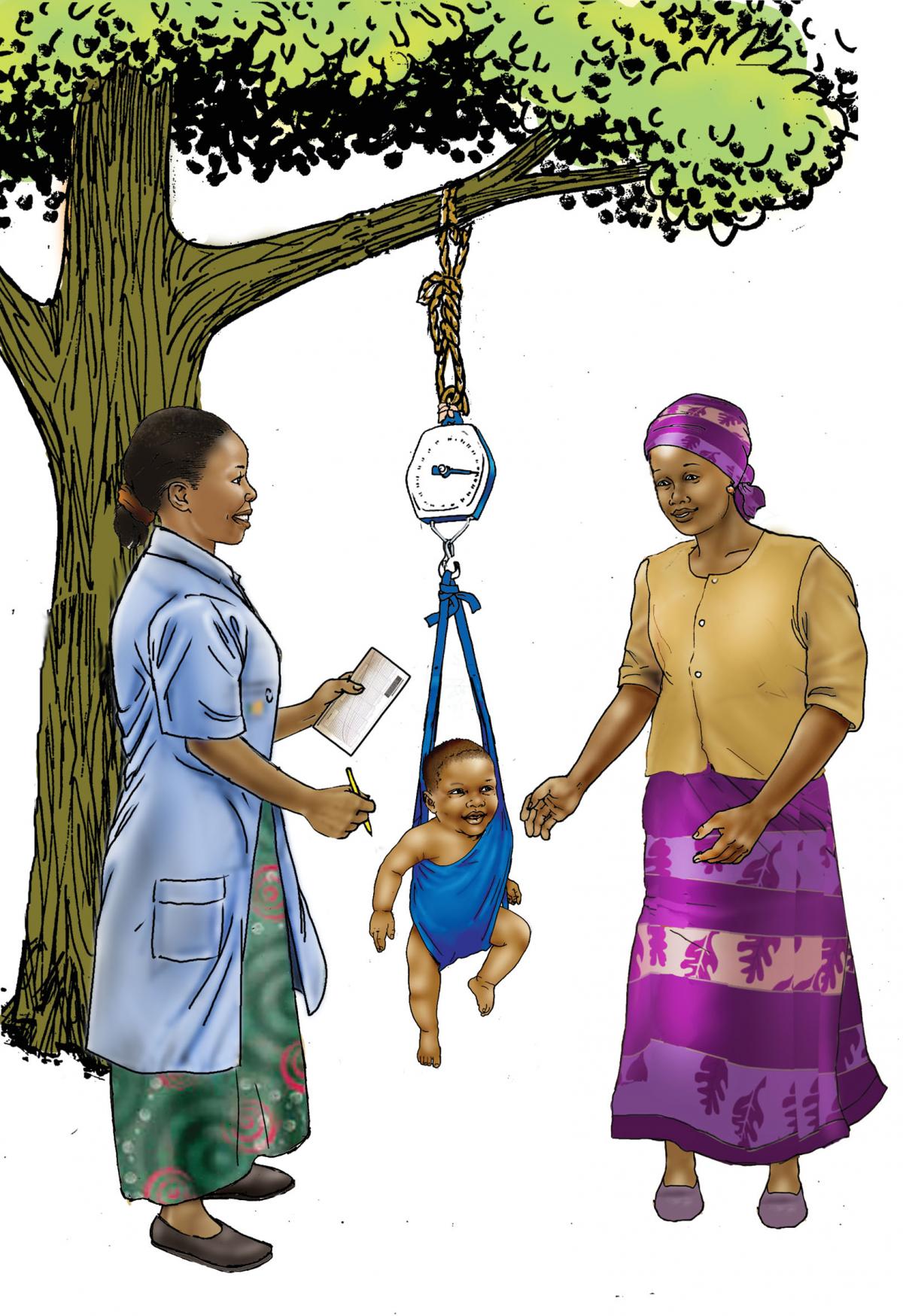 Child Health Care - Community health worker weighing baby in scale 6-9mo - 01 - Rwanda