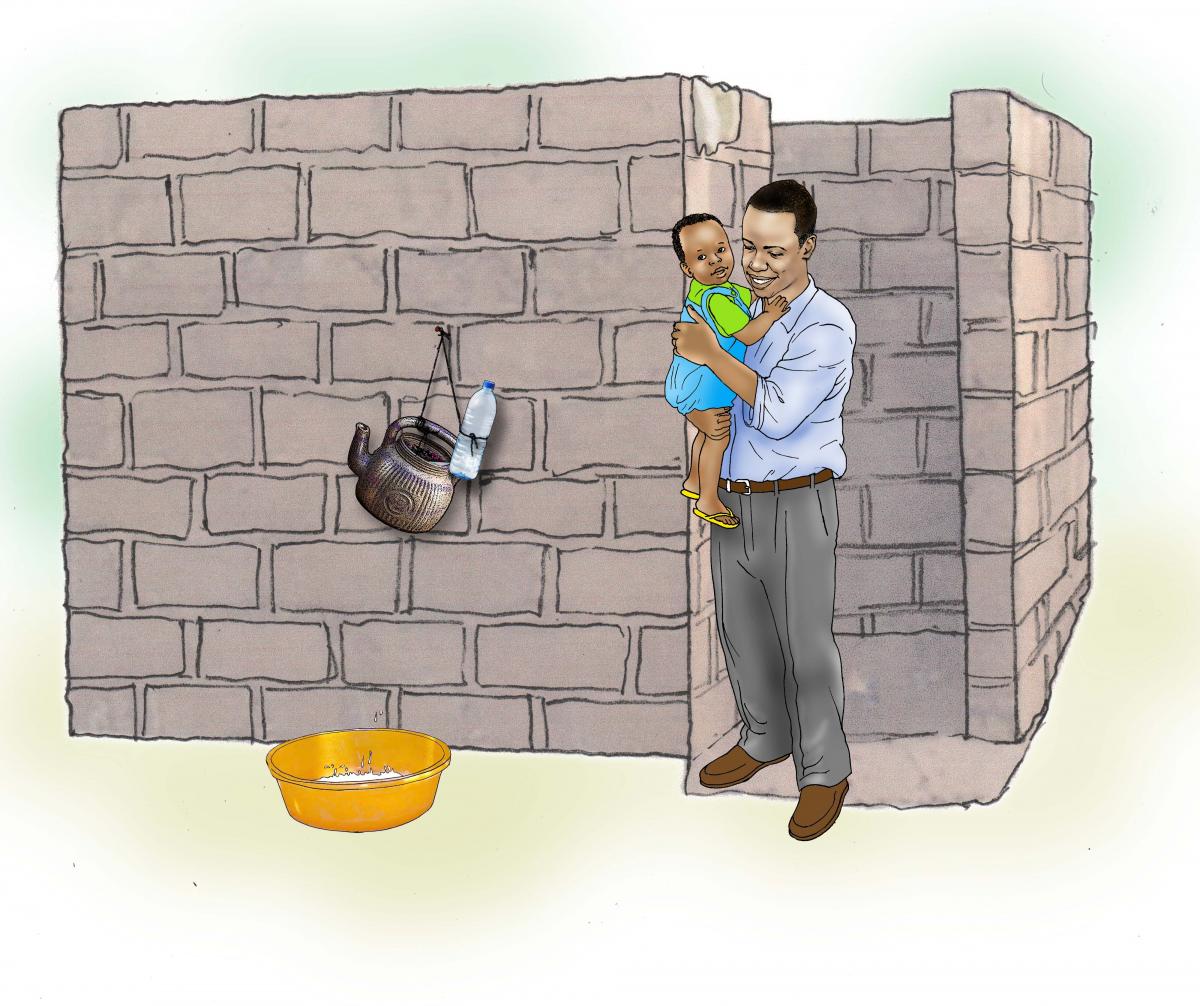 Hygiene - Father leaving latrine with child - 04 - Sierra Leone