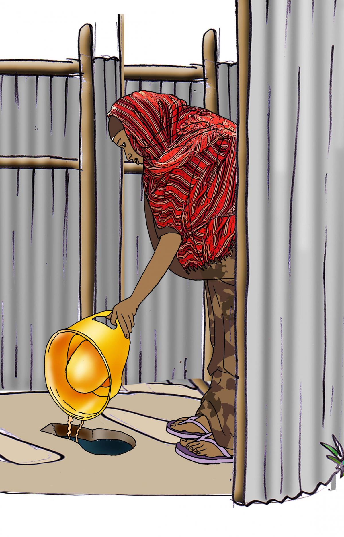 Sanitation - Woman cleaning toilet - 00B - Kenya Dadaab
