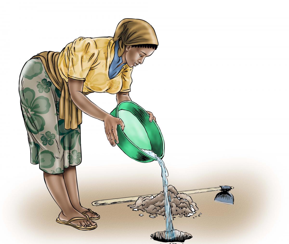 Sanitation - Depositing waste in hole - 03A - Sierra Leone