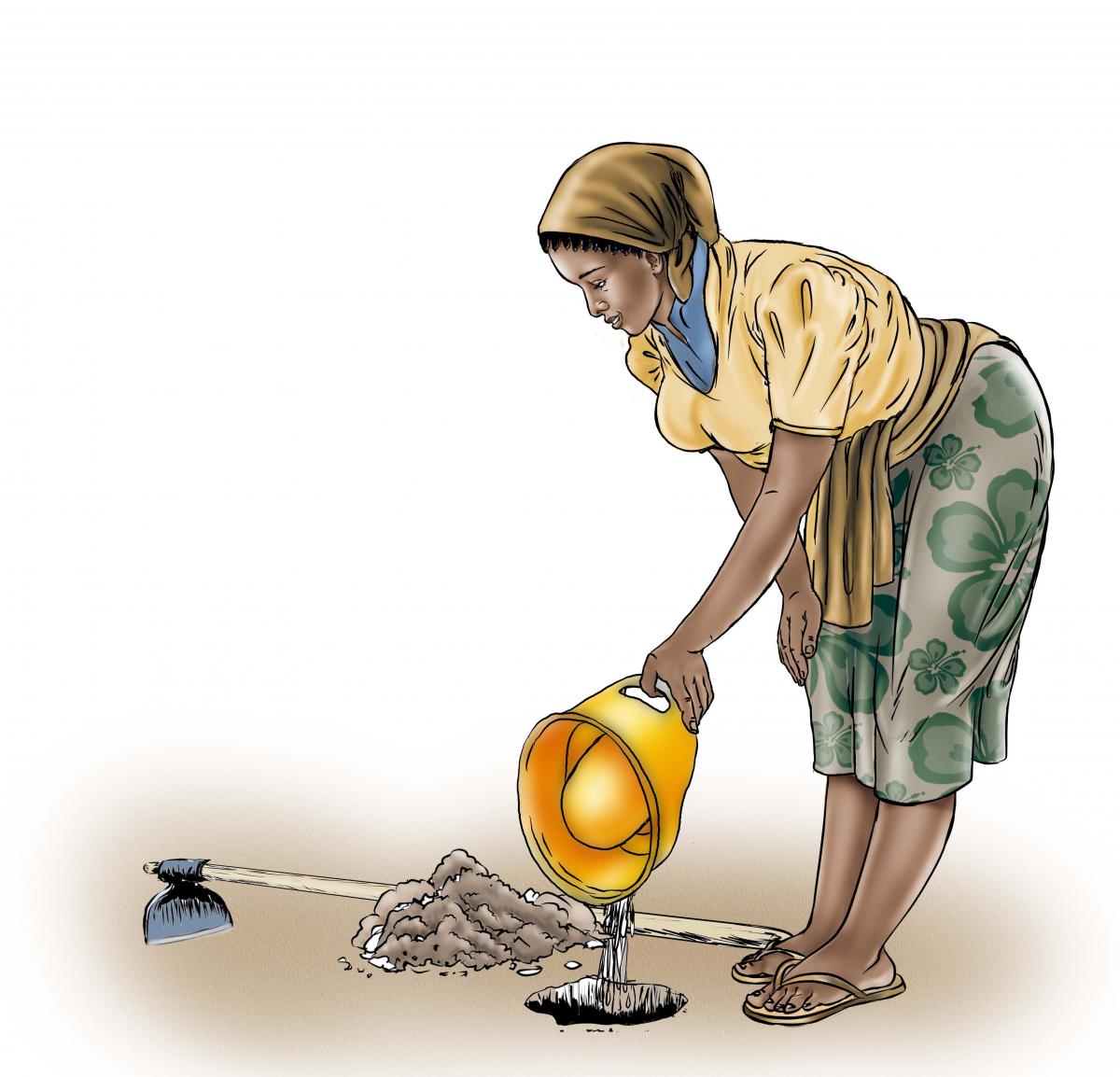 Sanitation - Depositing waste in hole - 03B - Sierra Leone