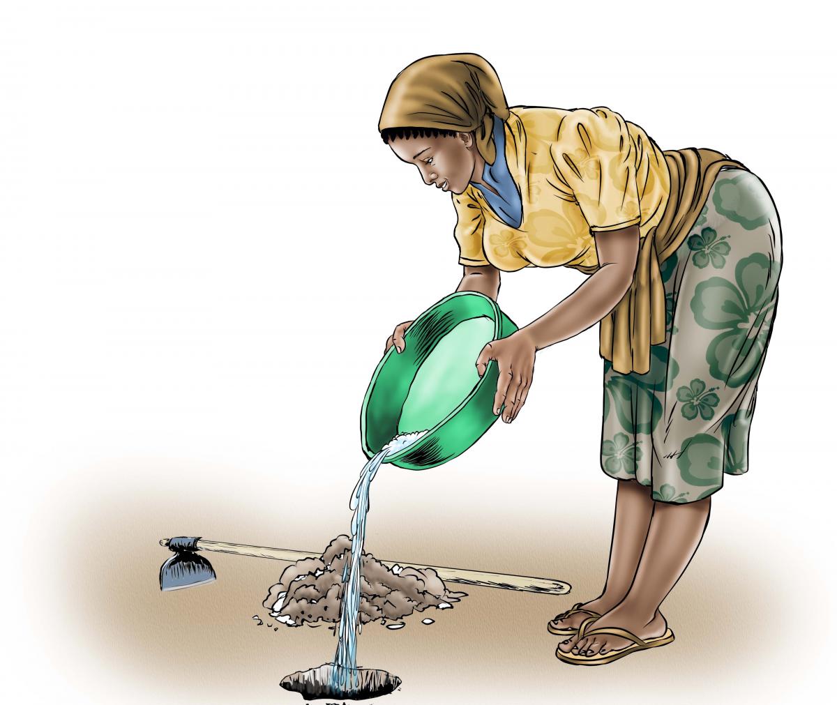 Sanitation - Depositing waste in hole - 03C - Sierra Leone