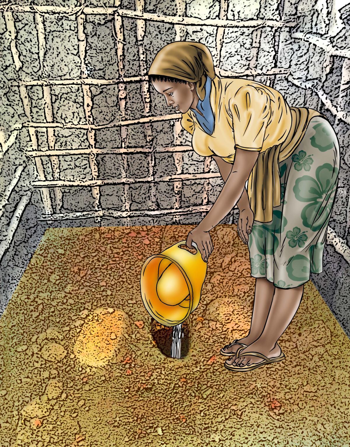 Sanitation - Depositing waste in latrine - 04A - Sierra Leone
