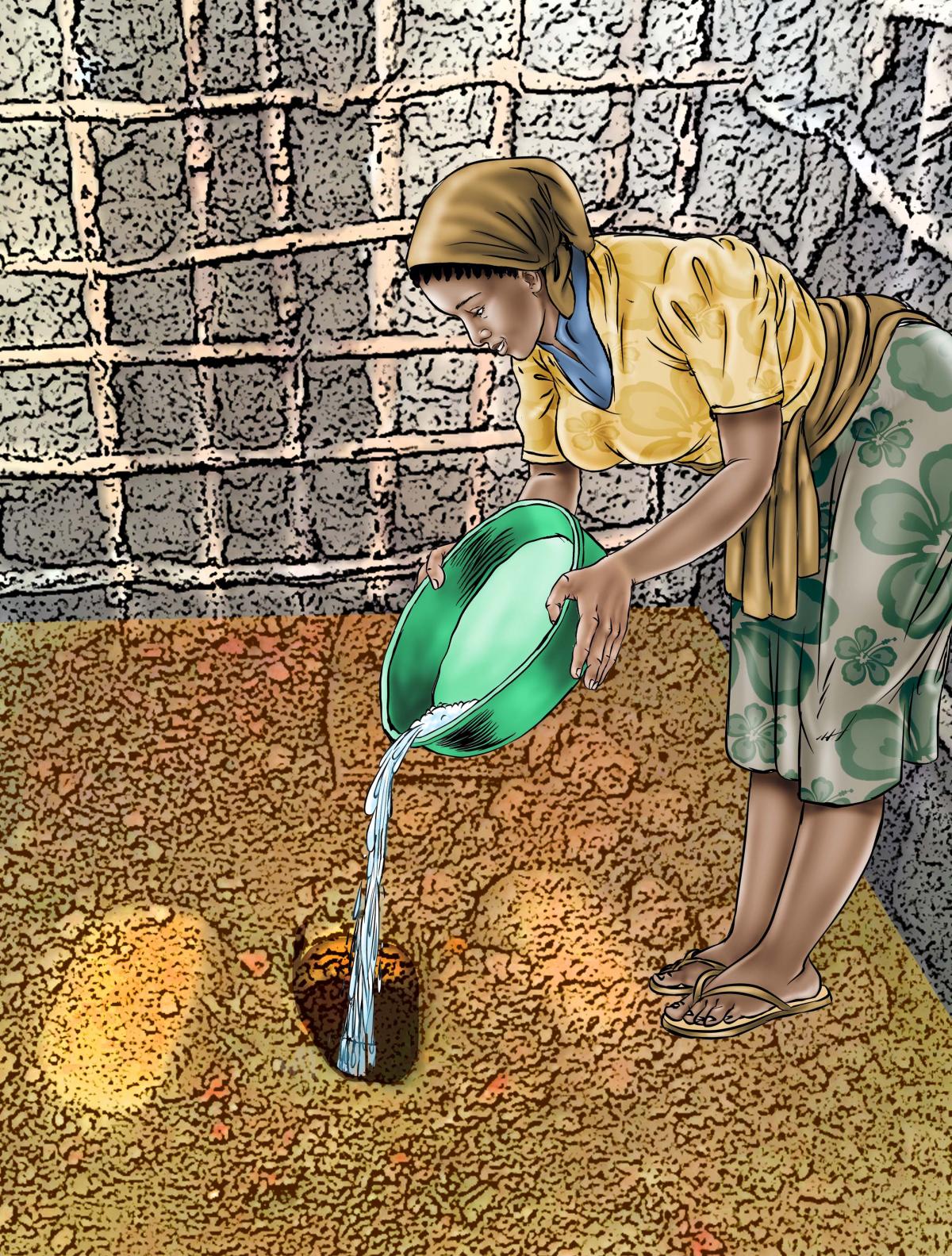 Hygiene - Depositing waste in latrine - 04B - Sierra Leone