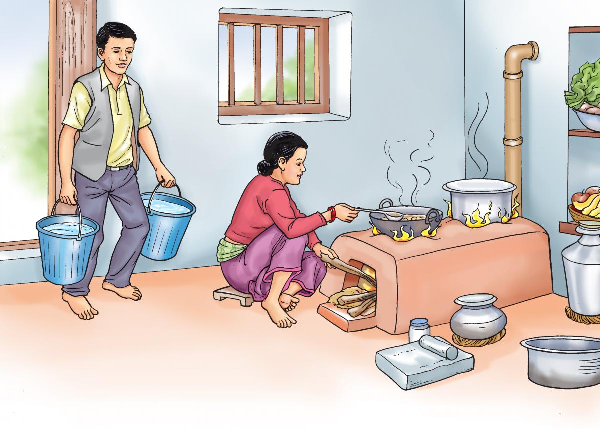 Food Practices - Man bringing in water while woman cooks - 01 - Nepal Food Practices - Man bringing in water while woman cooks - 01 - Nepal