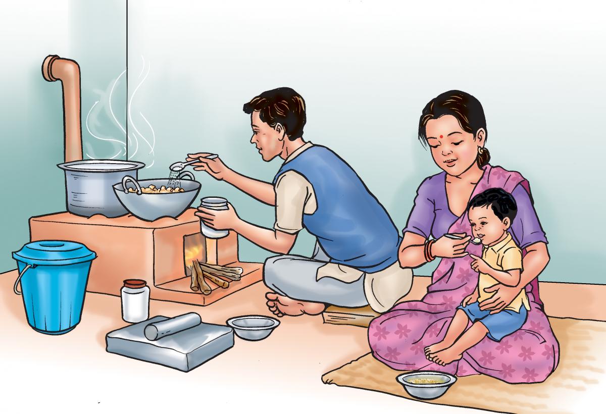 Complementary feeding - Father supports cooking while mother complementary feeds child - 02 - Nepal Complementary feeding - Father supports cooking while mother complementary feeds child - 02 - Nepal