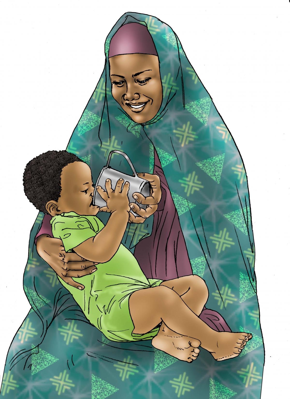 Sick baby health care - Mother giving child ORS - 02B - Kenya Dadaab